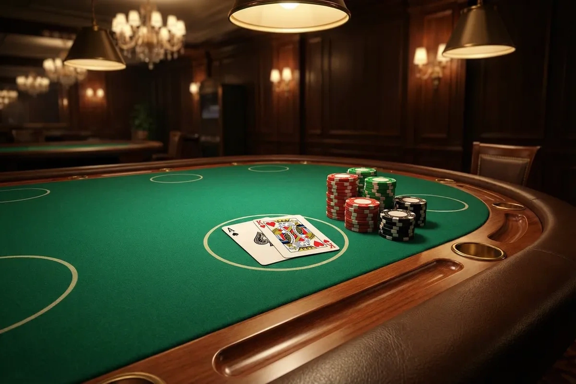 Mesa de blackjack profesional con cartas y fichas de casino